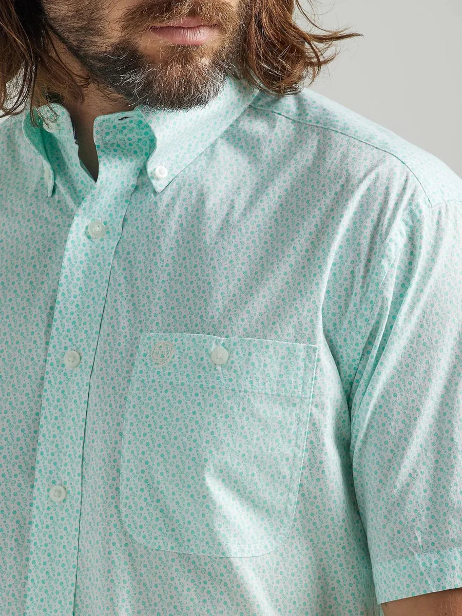 George Strait Button Down Print Short Sleeve Shirt - Mint Paisley