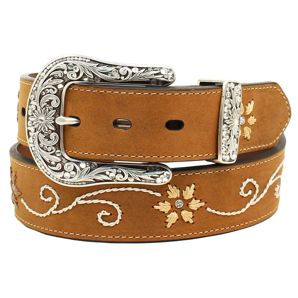 Brown Floral Embroidered Leather Belt