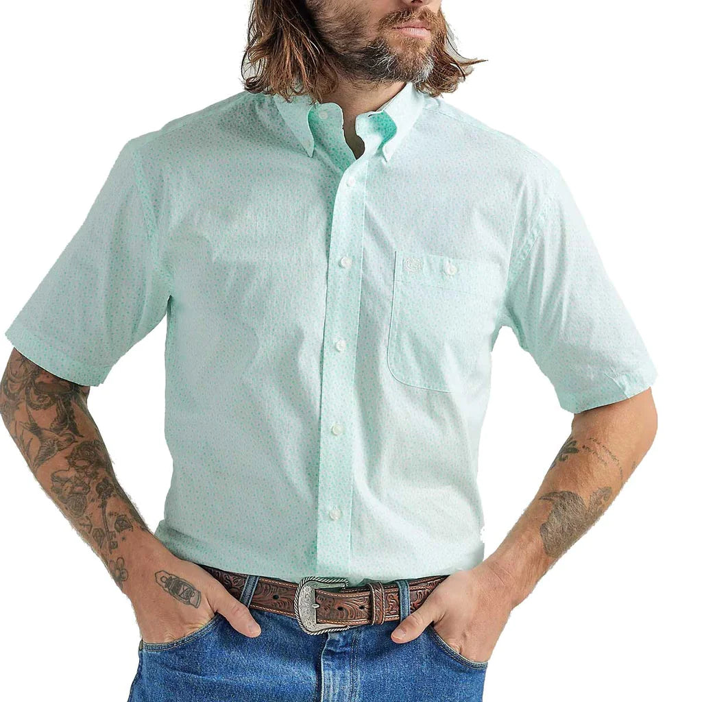 George Strait Button Down Print Short Sleeve Shirt - Mint Paisley