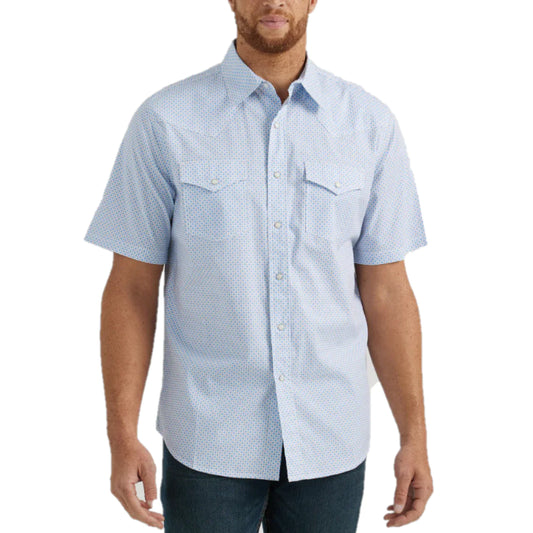 Blue Geo Print Short Sleeve Button Down