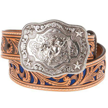 Boys Belt with Blue Inlay Scroll