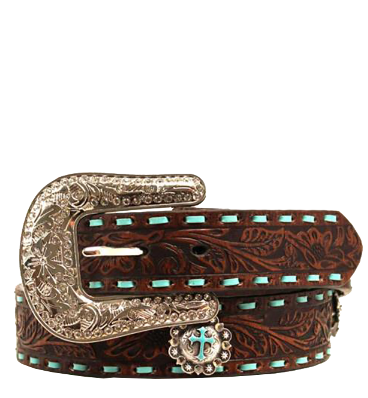 Embossed Belt w/Turquoise Lacing - Brown