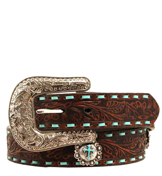 Embossed Belt w/Turquoise Lacing - Brown