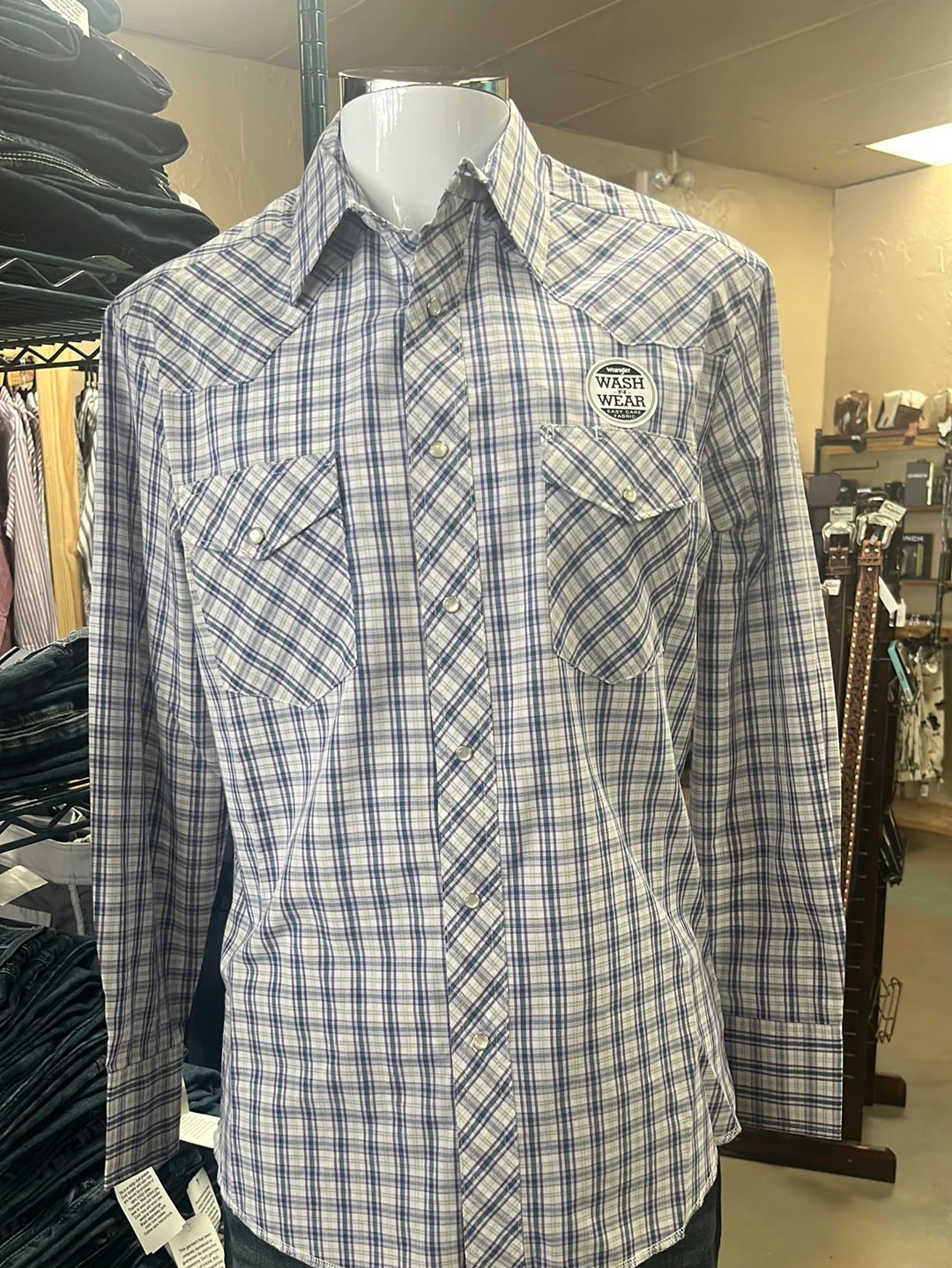 Wrangler Green and White Plaid Button Up