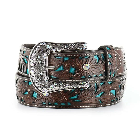 Brown Tooled Leather Belt w/Turquoise Inlay